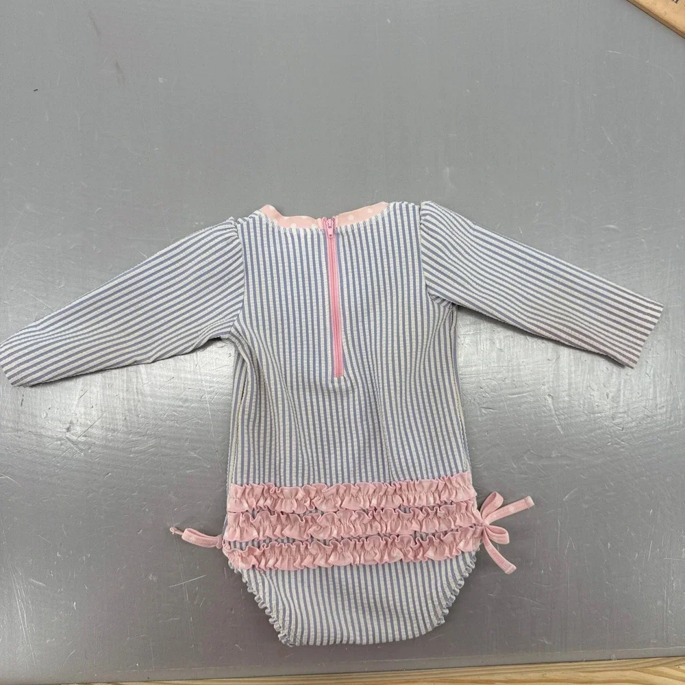 RuffleButts Baby Girl‎ Blue Seersucker Striped LS One Piece Swimsuit 12-18M